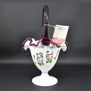 Fenton Glass Basket Pansies Ruffled Plum Purple Crest Hand Painted Signed VTG